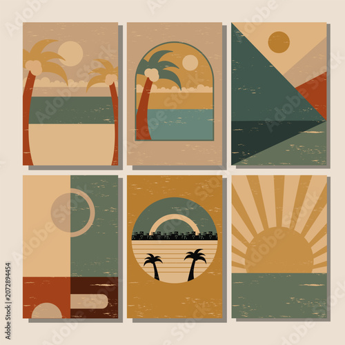Six retro design posters feature various tropical beach and nature scenes. Each poster shows a sun, palm trees, and ocean in a vintage color palette with geometric shapes and a distressed texture.
