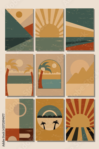 Nine vintage style posters showcase abstract landscapes including warm sunsets over oceans, sunny beaches with palm trees, and stylized mountains.