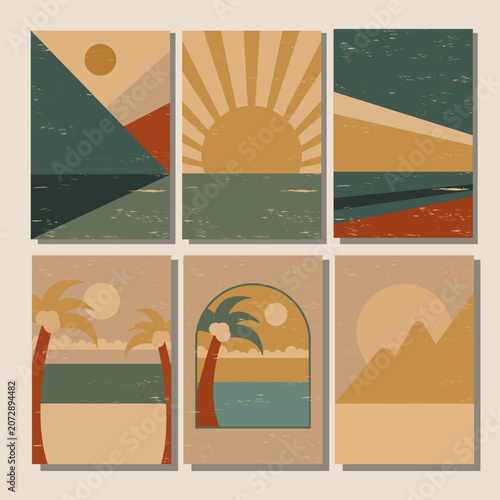 Six individual vintage cards display various minimalist landscape scenes. These abstract designs feature mountains, oceans, suns, and palm trees in earthy tones, evoking a summer travel mood.