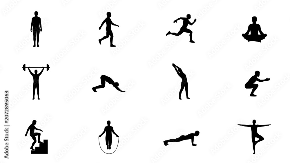 Fototapeta premium Exercises Illustrated in Black and White Vector Icons Showing Various Fitness Activities and Poses Featuring Exercise, Workout