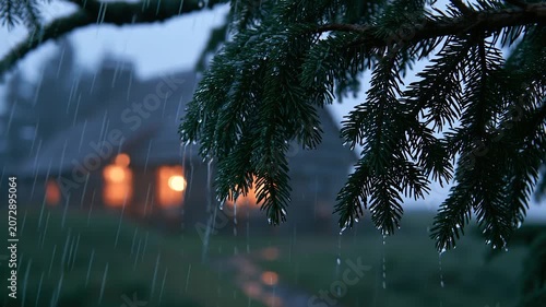 Rain-Soaked Spruce Tree at Mountain Ridge