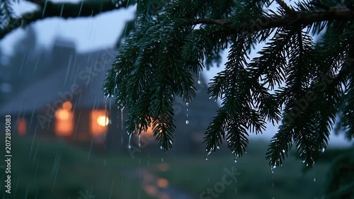 Rain-Soaked Spruce Tree at Mountain Ridge