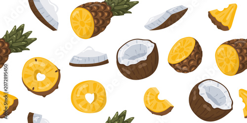 Fotografie Vector seamless pattern with pineapple and coconut pieces