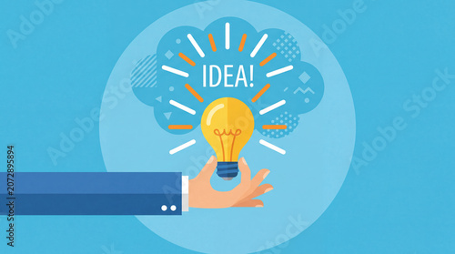 hand holding a light bulb, concept of a sudden idea or epiphany, art flat design