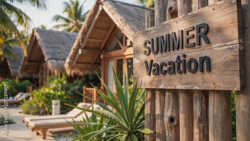 Wooden sign with 'Summer Vacation' text at a tropical resort with thatched-roof bungalows