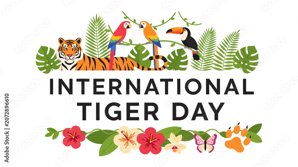 Fototapeta premium International Tiger Day Celebration: A vibrant graphic celebrating International Tiger Day, featuring a majestic tiger, colorful parrots, and toucan amidst lush tropical foliage and floral accents.