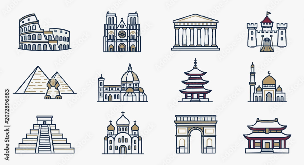 Fototapeta premium Creative Set of Iconic World Landmarks and Architectural Wonders in Monochromatic and Earthy Tones