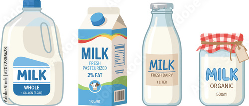 Obraz na plátně Fresh Milk Packaging Vector Illustration Set with Plastic Gallon, Cardboard Cart