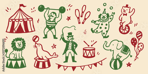 Foto Circus Show Doodle Set Vector Illustration