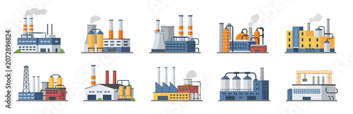 Foto Factory buildings vector illustration with flat industrial plants, smokestacks,