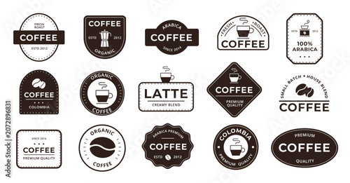 Photos Coffee badge labels with retro cafe logos, arabica roast stamps, latte signs and