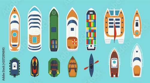 Ship top view vector illustration with colorful yachts, boats, kayak, canoe, ferry, cargo vessel and motorboat icons on blue water background for marine transport and travel design
