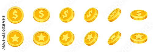 Golden dollar coin icons with rotating money tokens and star reward symbols, shiny cartoon currency vector for finance, banking, gaming bonus and loyalty points design