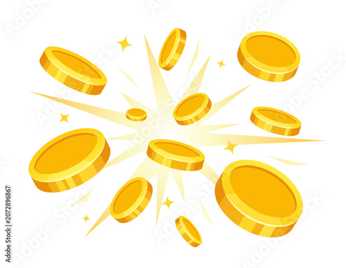 Flying gold coins burst vector illustration with shiny spinning money tokens, dynamic cash explosion and sparkle effects for finance, jackpot, gaming bonus and success advertisement design