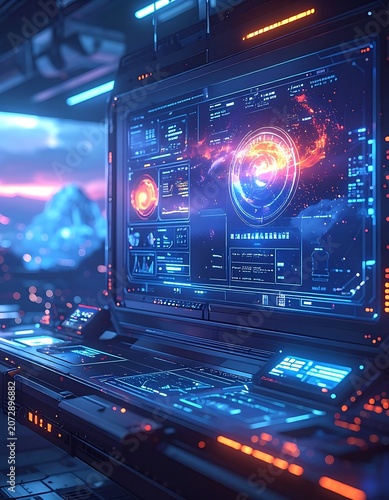 A futuristic control room with a large screen displaying data (4)