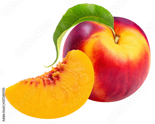 Fresh ripe peach fruit with leaf whole and sliced isolated on white background. Premium organic yellow red nectarine or peach, juicy sweet summer ingredient. Studio shot with clipping path.PNG file