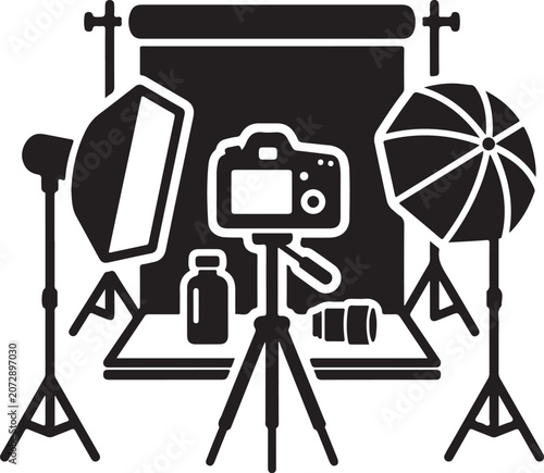 Black icon of a professional photo studio setup for product photography with camera tripod and lighting gear