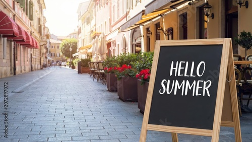Hello Summer sign on chalkboard on a sunny European city street