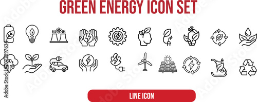 Green Energy Line Icon Set – Renewable Energy, Eco Technology, Sustainability & Recycling Outline Symbols