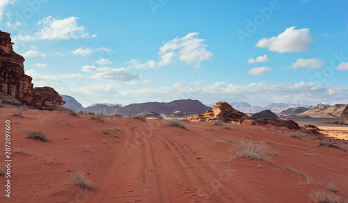 Wadi Rum red orange desert with small rocky hills, some vehicle tire print visible over sand, mountains in distance