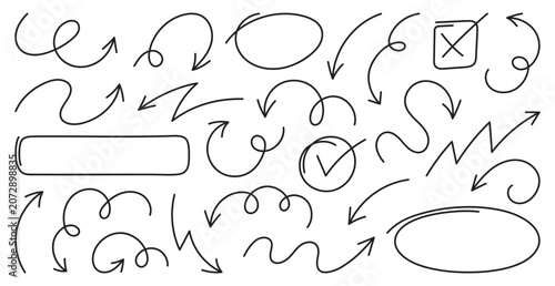 Collection of different shape hand drawn arrows, frames and circles. Doodle style curved and squiggly elements. Vector graphic design.