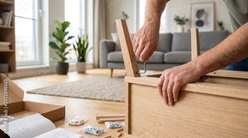 Fotografie Man assembling wooden furniture using an allen key in a living room