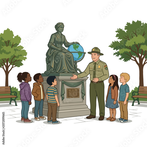 Obraz na płótnie A park ranger in uniform educates a diverse group of children about a historical statue of a woman holding a globe in a public park setting