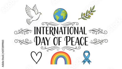 Canvastavla International Day of Peace illustration: An artistic representation of the International Day of Peace, featuring a dove, a globe, an olive branch, a heart, a rainbow, and a blue ribbon