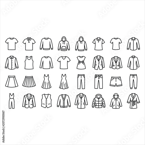 Set of clothing icons, including shirts, pants, dresses, jackets, and outerwear