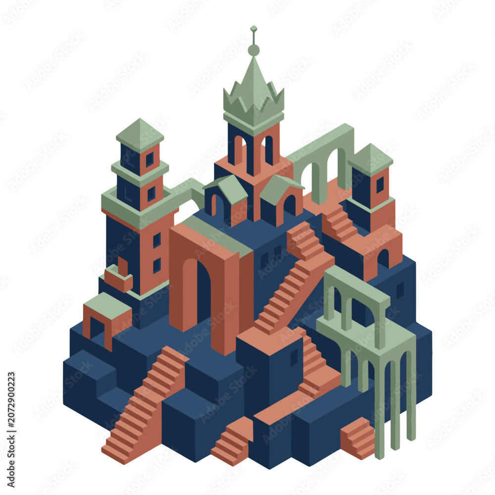Fototapeta premium Isometric fantasy castle with staircases and towers in vibrant colors 
