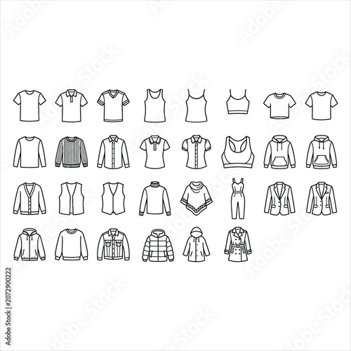 Set of clothing icons, including tshirts, shirts, sweaters, jackets, and hoodies
