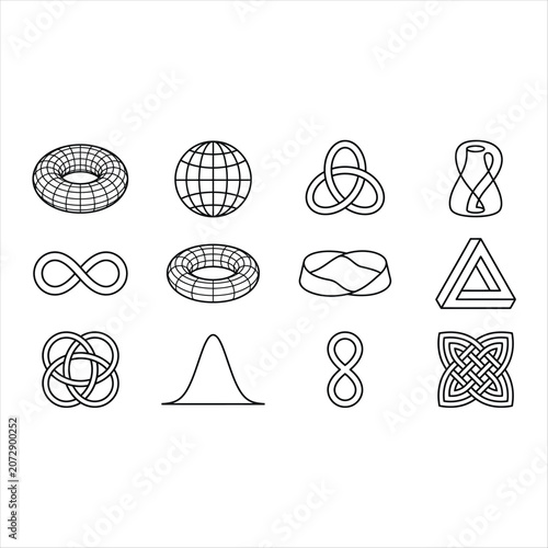 Set of abstract geometric shapes, mathematical symbols, and decorative knots