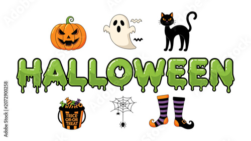 Bild auf Leinwand Halloween Collection: A festive compilation of iconic Halloween symbols including a jack-o'-lantern, a friendly ghost, a black cat, a candy bucket, a spiderweb, and striped socks