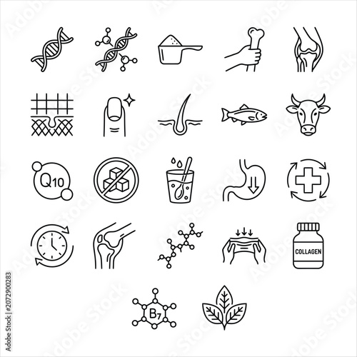 Set of collagen and health supplement line icons