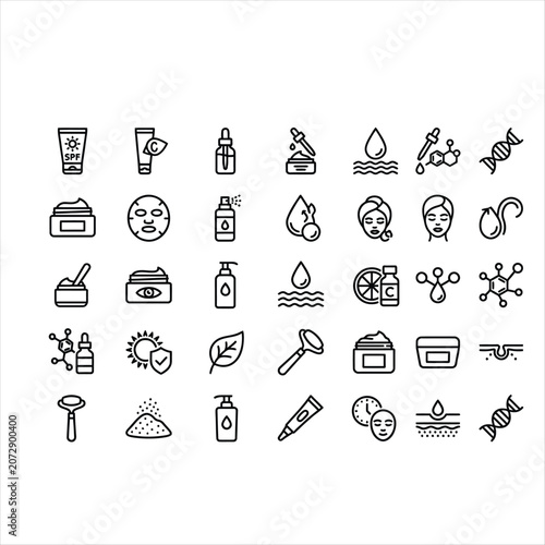 Set of skincare and beauty icons, including serum, cream, facial mask, sunscreen, and dermatology elements