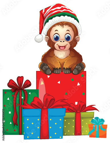 Cute Cartoon Orangutan Wearing Santa Hat Sitting on Christmas Gift Boxes