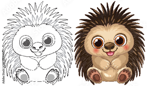 Cute Cartoon Hedgehog Vector Illustration with Line Art Coloring Page