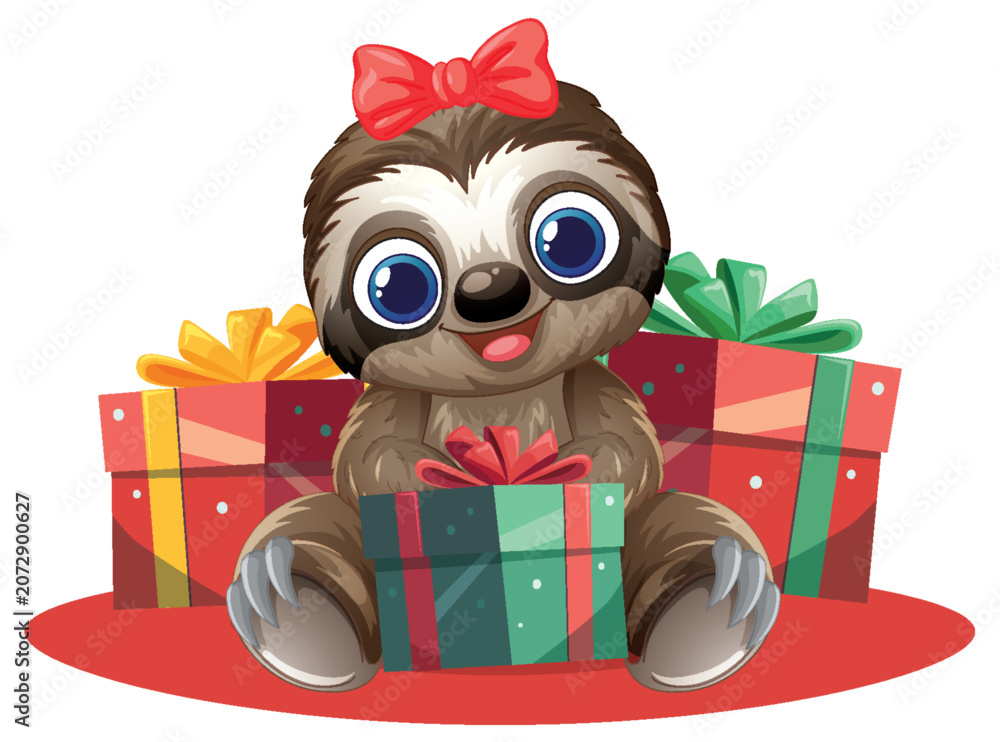 Fototapeta premium Cute Cartoon Sloth Character Sitting with Wrapped Holiday Gift Boxes