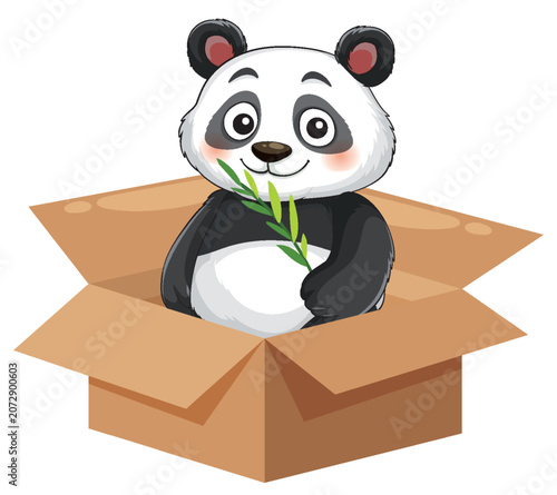 Cute Cartoon Giant Panda Sitting Inside an Open Cardboard Box