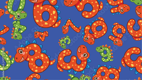 Seamless Cartoon Dinosaur Number Pattern for Educational Children Backgrounds