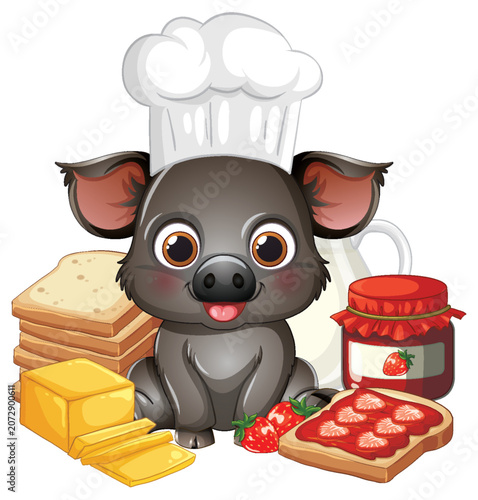 Cartoon Chef Pig with Breakfast Toast Jam and Butter Illustration