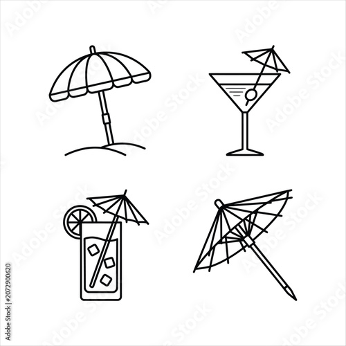 Set of summer vacation icons including beach umbrella and tropical cocktails