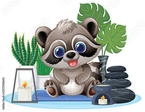 Cute Cartoon Raccoon Sitting on Yoga Mat in Spa Setting