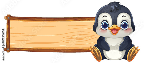 Cute Cartoon Penguin Sitting Beside a Blank Wooden Sign Board