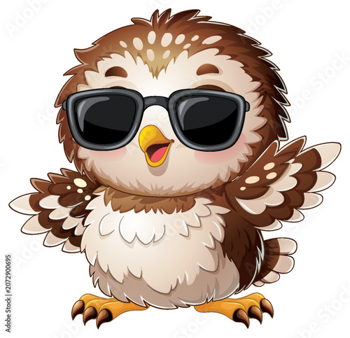 Cute Cartoon Baby Owl Wearing Sunglasses with Wings Spread Wide