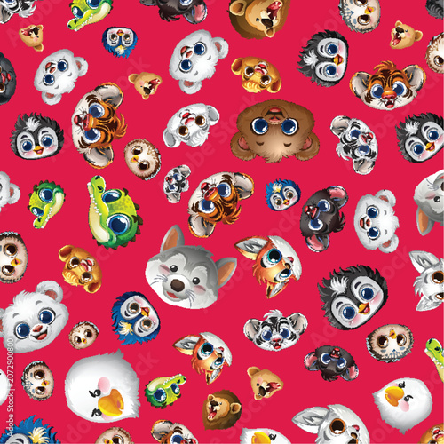 Seamless Pattern of Cute Cartoon Animal Faces on Red Background