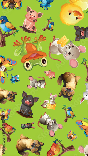 Seamless Vector Pattern with Cute Cartoon Farm and Wildlife Animals