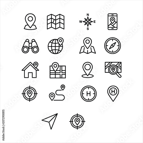 Set of navigation and location map icons, thin line style