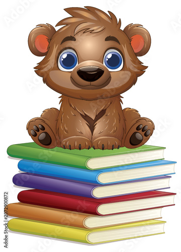 Cute Cartoon Baby Bear Sitting on a Stack of Colorful Books