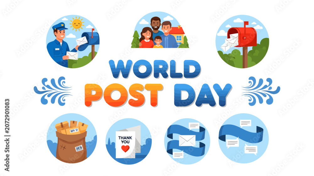 Fototapeta premium Celebrating World Post Day: A vibrant collection of illustrations depicting the joy and importance of postal services, featuring mail carriers, family, mailboxes, and letters.